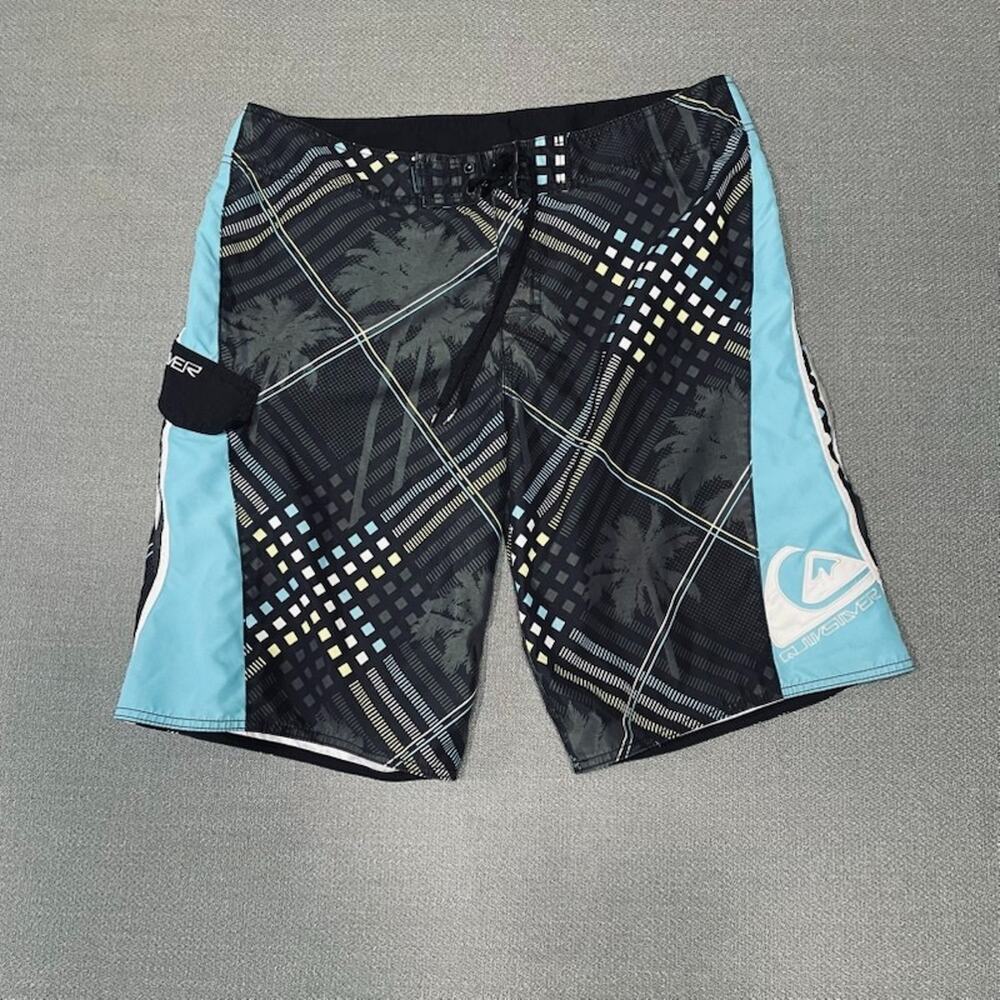 Vintage Quicksilver Board Shorts Men's Sz 36 Pocket Surf Palm Tree Graphic
